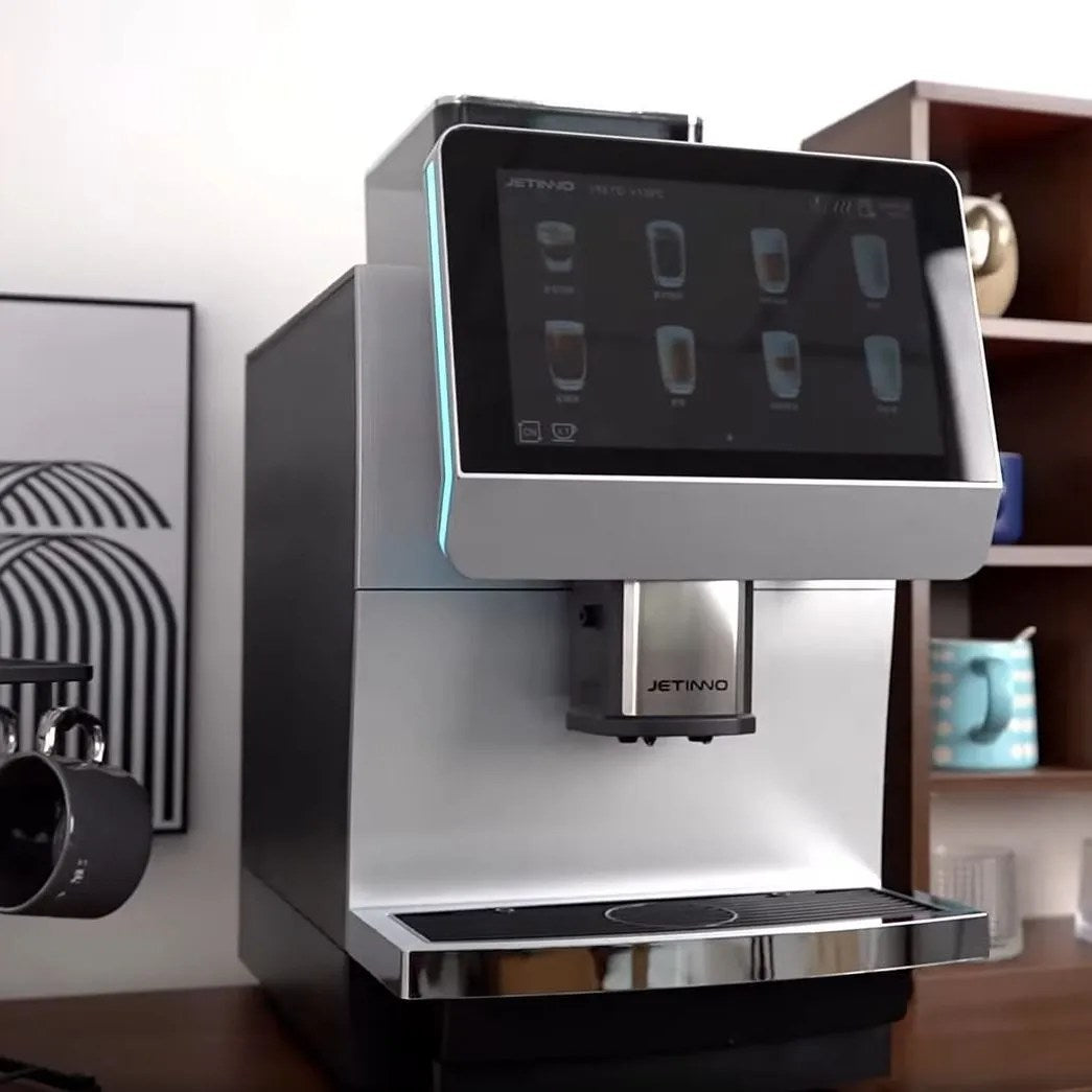 Jetinno JL31 series coffee machine with milk fridge on cafe counter